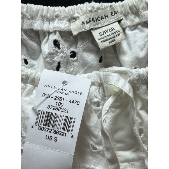 American Eagle Womens Small Eyelet Empire‎ Waist Puff Sleeve Crop White Top - Picture 5 of 7